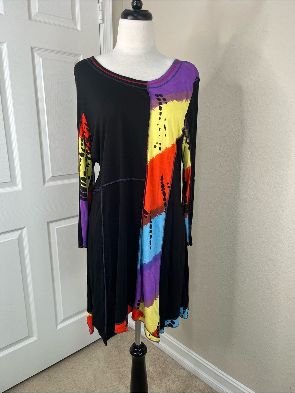 Parsley & Sage Black Long Sleeve Swing Dress with Multicolor Abstract Panels